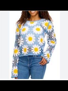 Rebellion Blue Crochet Daisy Pullover with Yellow Centers